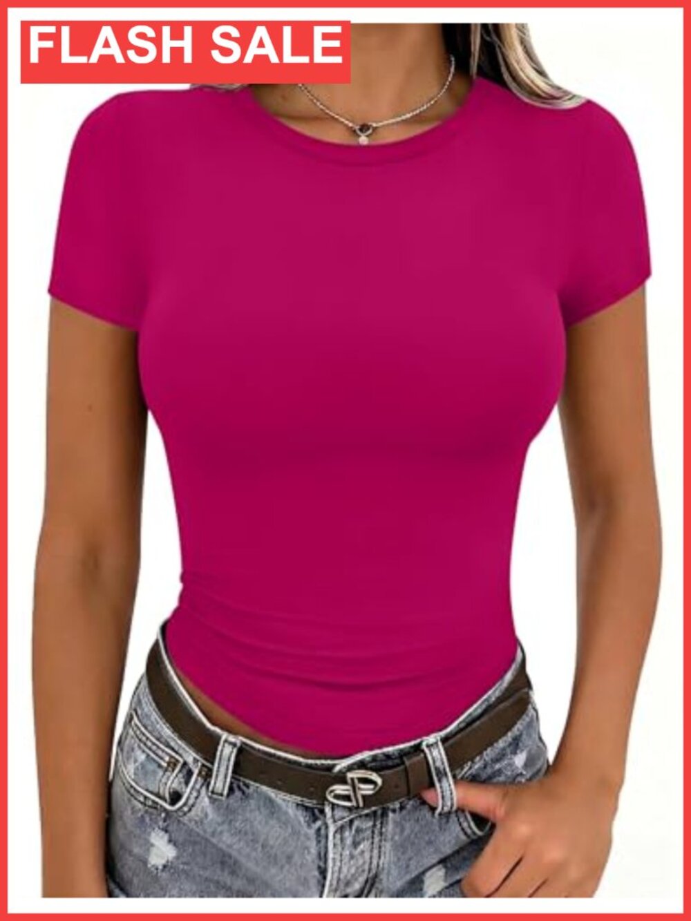 Women's Fitted Short Sleeve Crew Neck T-Shirt Stretchy Basic Tee Summer Top